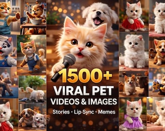 May include: A digital collection of 1500+ viral pet videos and images featuring various kittens and puppies in diverse outfits and settings, including a central kitten holding a microphone with the text 1500+ VIRAL PET VIDEOS & IMAGES Stories Lip-Sync Memes.