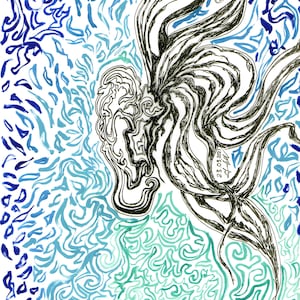 Op de afbeelding: Abstracte schildering met blauwe en groene swirls en een zwarte inkttekening van een gestileerde figuur in het midden. De datum "23.03.20" staat in de rechterbenedenhoek van de afbeelding.