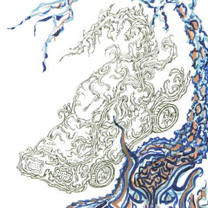 May include: Abstract art painting with blue, brown, and green swirls and lines. The painting has a whimsical and organic feel. The date "31.10.2024" is written in the bottom right corner.