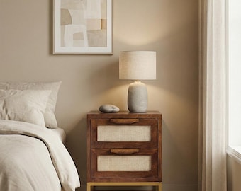Handmade Solid Teak Wood Cane Nightstand | Mid Century Modern Bedside Table Storage
