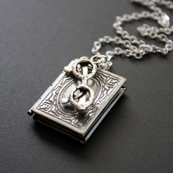 Book Locket Necklace Antique Silver Book Worm Pendant Necklace