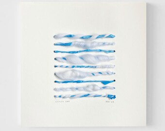 Original Fiber Art | 7.5"x7.5" Line Art on Paper | Handspun Wool Yarn & Plastic Strips| Abstract Cloud Artwork | Handmade Textile Wall Art