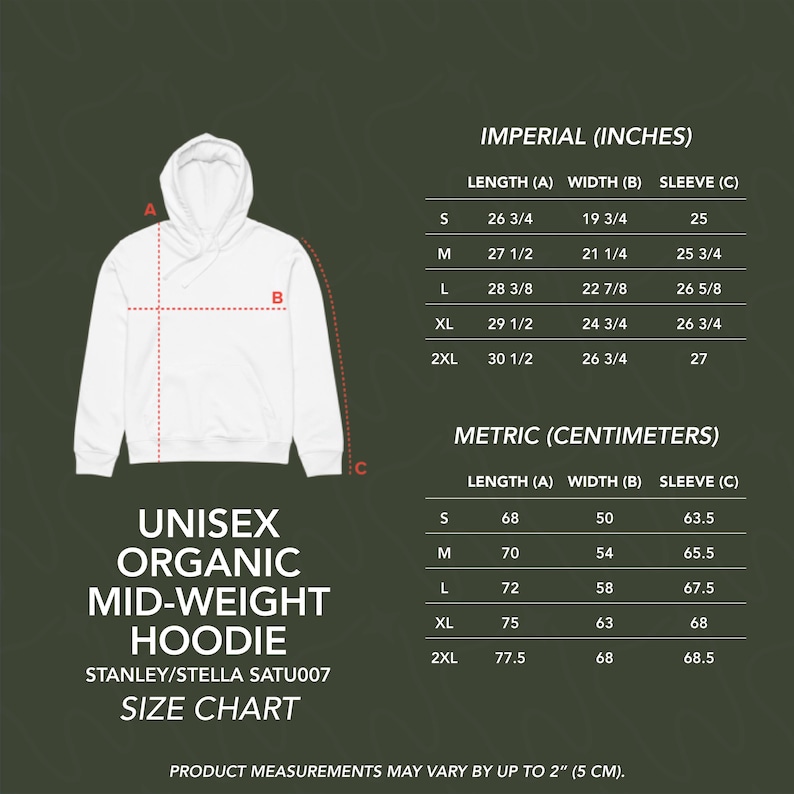 May include: White unisex organic mid-weight hoodie with a size chart. The chart provides measurements in inches for length, width, and sleeve for sizes S to 2XL. The hoodie is from Stanley/Stella SATU007.