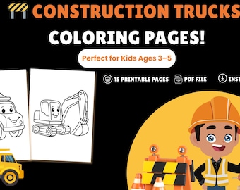 Construction Trucks Coloring Pages for Kids | Printable Activity PDF | Dump Truck, Excavator, Bonus Certificate