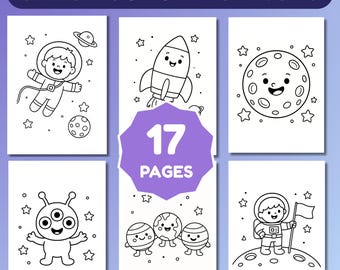Könnte beinhalten: Ein Set aus 17 Weltraum-Malvorlagen mit schwarz-weißen Strichzeichnungen eines Astronauten, einer Rakete, eines lächelnden Mondes, eines Außerirdischen und Planeten. Der Text SPACE COLORING PAGES und 17 PAGES ist auf dem Dokument abgedruckt.