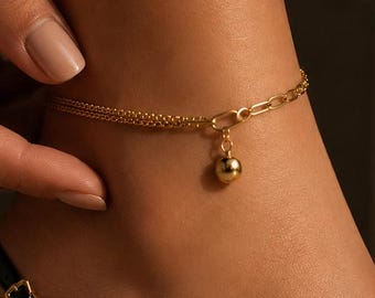 24K Gold Anklet - Women's Small Ball Ankle Bracelet, Elegant Charm