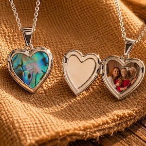 Custom Photo Heart Locket Necklace - Abalone Shell, Keepsake Jewelry