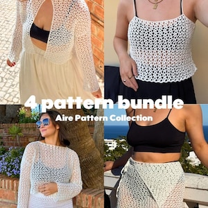May include: A collection of four white crochet garments: a long-sleeved top, a camisole, a cropped top, and a wrap skirt. The text "4 pattern bundle" and "Aire Pattern Collection" are visible. The garments are shown on different people.