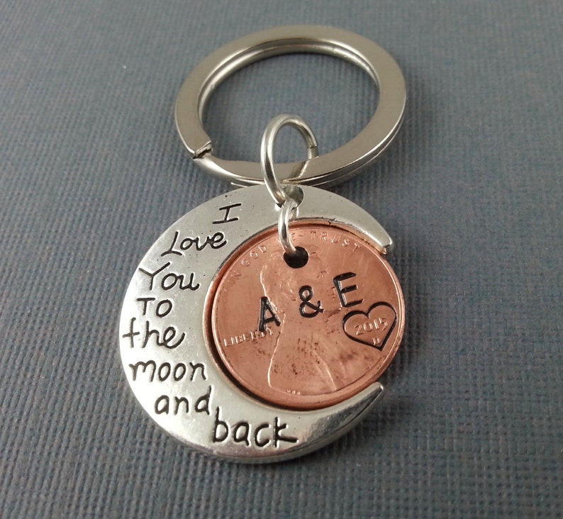 I Love You To The Moon And Back Keychain with Stamped penny  image 1