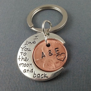 I Love You To The Moon And Back Keychain with Stamped penny husband, wife Boyfriend, girlfriend Anniversary gift, Hand Stamped image 1