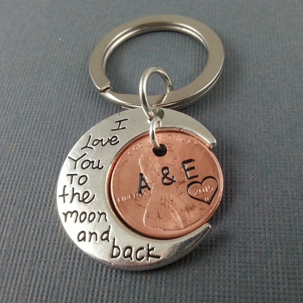 I Love You To The Moon And Back Keychain with Stamped penny - husband, wife - Boyfriend, girlfriend - Anniversary gift, Hand Stamped