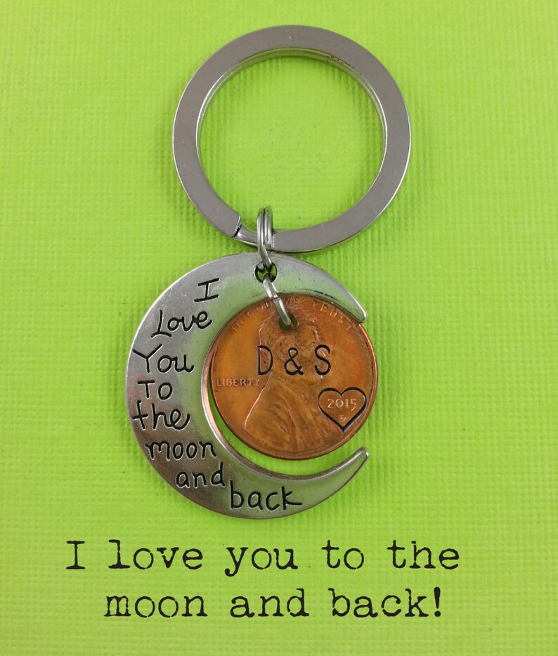 I Love You To The Moon And Back Keychain with Stamped penny husband, wife Boyfriend, girlfriend Anniversary gift, Hand Stamped image 2