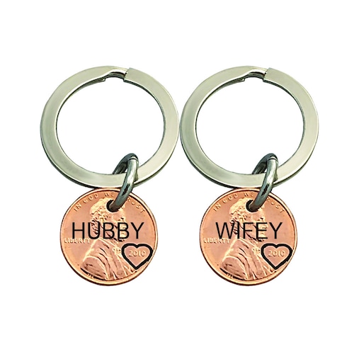 2 Personalized Keychain Couples Engraved Penny Hand Etsy
