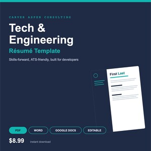 Può includere: Un modello di curriculum digitale con il testo Carver Aspen Consulting, Tech & Engineering Résumé Template e Skills-forward, ATS-friendly, built for developers. Include pulsanti per i formati PDF, Word, Google Docs e modificabile.
