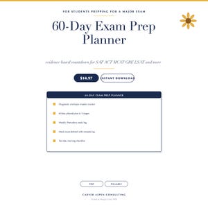 May include: A white digital download titled "60-Day Exam Prep Planner" for students. The planner includes a diagnostic tracker, a 60-day plan, study logs, and a test day checklist. The price is $14.97.