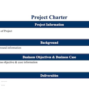 May include: A document titled "Project Charter" with a white background and dark blue headings. The document includes sections for project information, background, business objectives, and deliverables. Text includes "Details of Project" and "Background information."