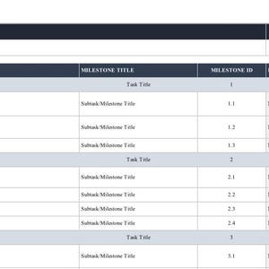 May include: A spreadsheet with a blue and gray color scheme. The spreadsheet is titled "Milestone Schedule". The spreadsheet has columns for project name, milestone title, milestone ID, responsible, priority, and status. The spreadsheet is used to track the progress of a project.