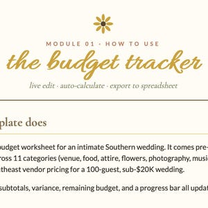 May include: Cream-colored digital template titled "the budget tracker" with gold text. It includes sections on how to use the template and what it does, detailing its interactive budget worksheet features for Southern weddings.