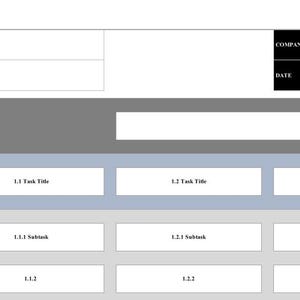 May include: A work breakdown structure (WBS) chart with the title "WBS". The chart has a project title, project manager, company name, date, and a title for the project. The chart is divided into levels, with level 1 and level 2 shown. Each level has tasks and subtasks.