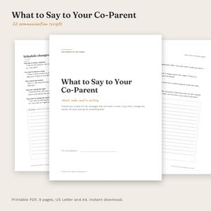 Puede incluir: Un documento imprimible titulado What to Say to Your Co-Parent, que contiene 22 guiones de comunicación. Las páginas blancas incluyen texto en negro, encabezados y secciones con líneas para notas, diseñadas para ayudar en la correspondencia escrita.