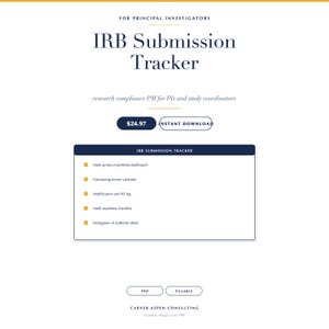 May include: A white document titled "IRB Submission Tracker" with a navy blue header. The document includes a list of features such as a multi-protocol portfolio dashboard and a continuing review calendar. The text "For Principal Investigators" is at the top.