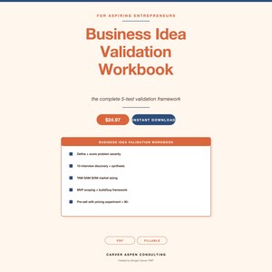 Op de afbeelding: Een digitaal werkboek voor het valideren van zakelijke ideeën, gericht op aspirant-ondernemers. De titel is oranje, met een lijst met onderwerpen zoals probleemernst en marktomvang. De prijs is €24,97.
