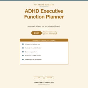 May include: A digital ADHD Executive Function Planner with the text "ADHD Executive Function Planner" in large, bold letters. The planner includes features like daily planning, time blocks, and an energy budget. The text "Instant Download" is also visible.