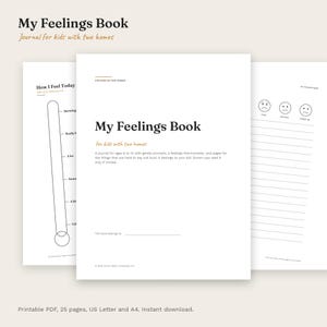 May include: A printable journal titled My Feelings Book for kids with two homes. The white pages feature black text, a feelings thermometer graphic, and emoji-style faces representing emotions like mad, worried, and mixed up with lined spaces.