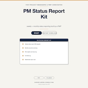 May include: A webpage advertising a PM Status Report Kit for project managers and PMP candidates. The title is in large, dark blue text. The kit includes weekly and monthly status reports. The page also features a price and an instant download button.