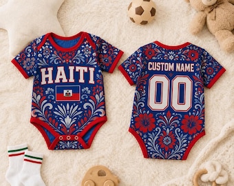 Body de bebé personalizado con la camiseta de la selección de fútbol de Haití, body infantil con nombre y número personalizados, conjunto para bebé haitiano, regalo para baby shower