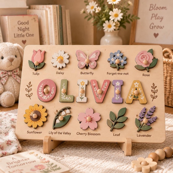 Custom Name Wooden Puzzle, Personalized Flower Name Puzzle, Montessori Toy for Toddlers, Baby Girl Gift, Floral Nursery 