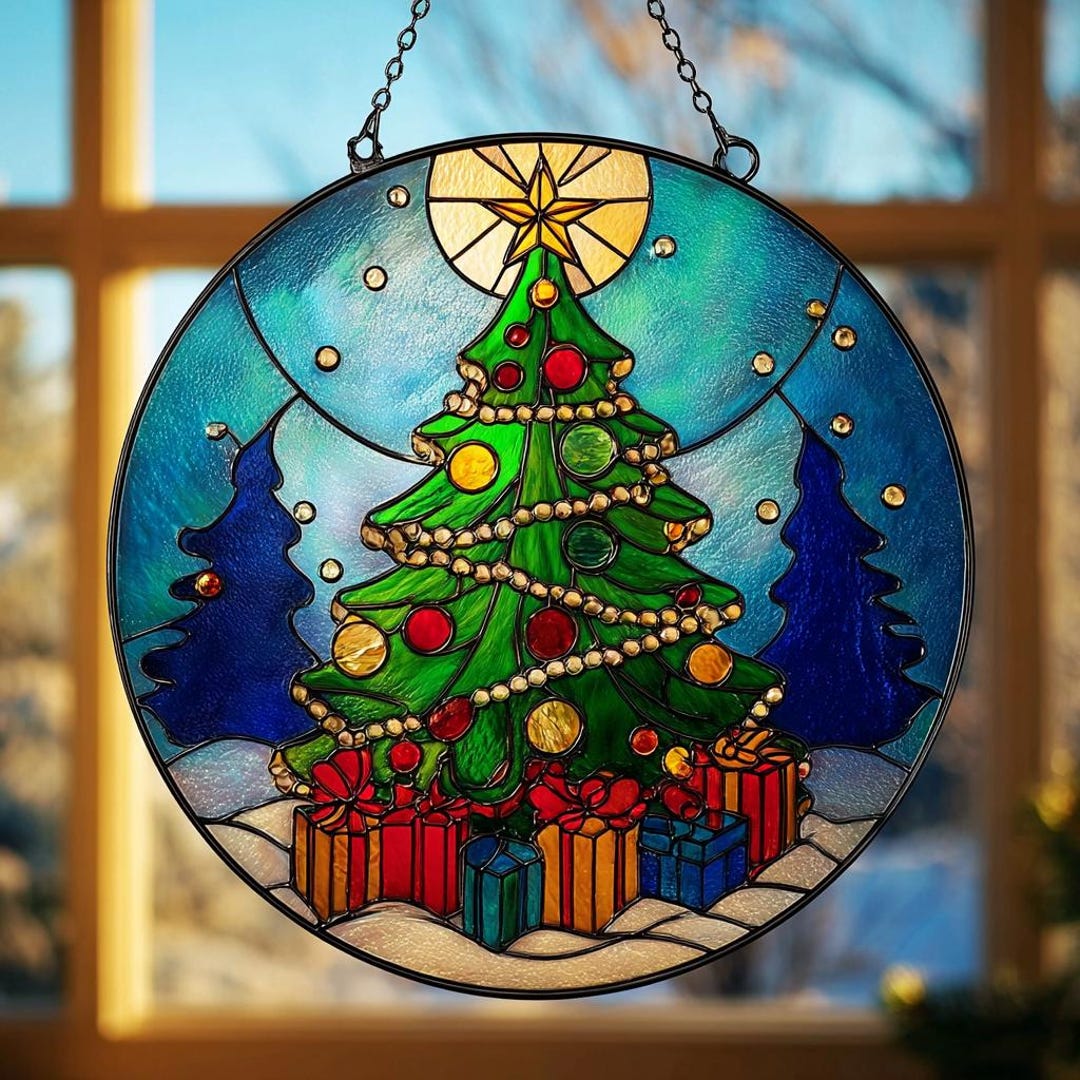 Handmade Christmas Tree Stained Glass Suncatcher, Festive Holiday ...