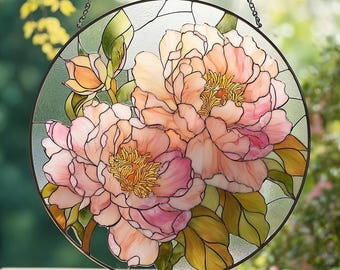 Peony Flower Stained Glass Suncatcher, Peony Window Hanging,Peony Gifts for Mom, Flower Lover Gifts, Nature Inspired Art