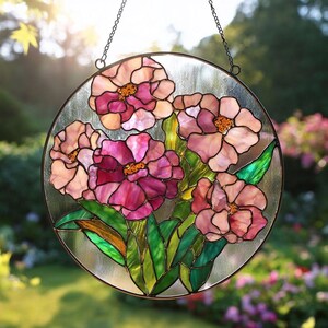 Puede incluir: Una vidriera redonda que presenta un ramo de flores rosas y moradas con hojas verdes. Las flores tienen centros naranjas y están sobre un fondo transparente. La ventana está enmarcada en metal oscuro y cuelga de una cadena.