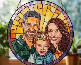 Personalized Family Portrait Stained Glass Suncatcher, Window Hanging, Unique Glass Art Gift, Gift For Dad,Custom Suncatcher