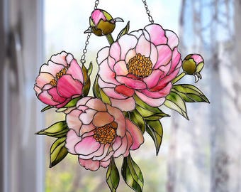 Peony Flowers Stained Acrylic Suncatcher, Gift for Mother’s Day, Window Hanging Decor, Flower Lover Home Decor Gift