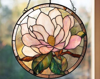 Attrape-soleil en vitrail fleur de magnolia, art de fenêtre élégant fleur rose, décoration florale pour femme, cadeau maman