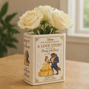 Vaso a forma di libro, vaso in ceramica personalizzato per coppie Disney, decorazione personalizzata a tema La Bella e la Bestia, regalo di anniversario di matrimonio per coppie.