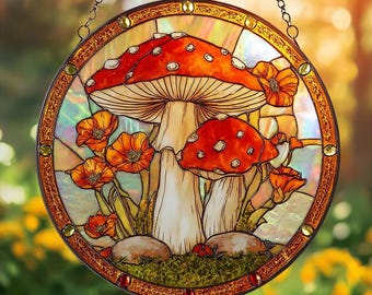 Xmas Mushroom Stained Glass Suncatcher, Botanical Window Hanging,  Nature Lover Gift, Whimsical Stained Glass Suncatcher, Home Decor