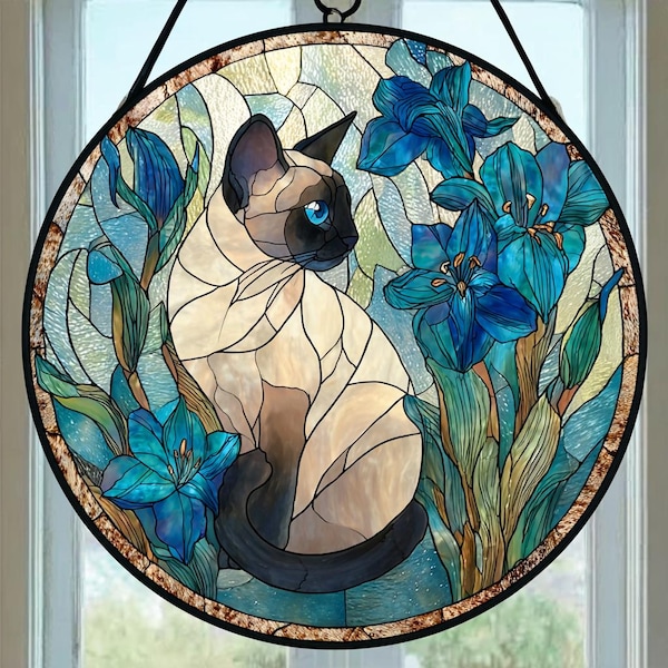 Vitral com Gato Siamês, Arte Floral Art Nouveau, Presente para Mãe de Gato Azul, Decoração Artística para Amantes de Gatos, Presente para Mãe de Gato