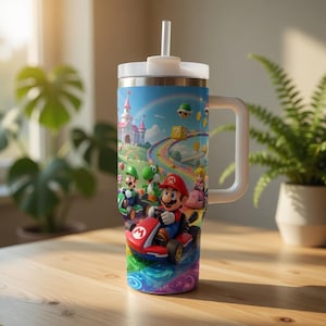 Mario Kart Racing 40oz Tumbler With Handle, Rainbow Road Gamer Cup With Straw, Cartoon Driving Mug, Gift For Mario Fans