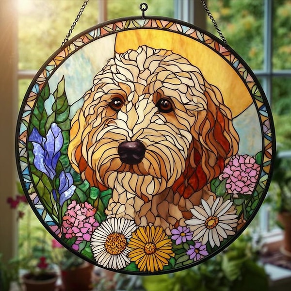 Goldendoodle Stained Glass Suncatcher, Dog Memorial Window Hanging Art, Floral Pet Memorial Gift, Dog Lover Suncatcher Decor