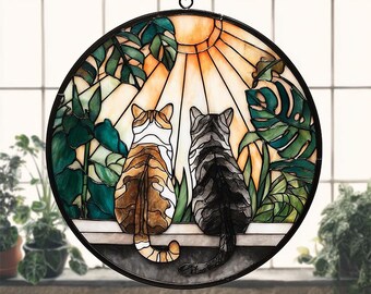 パーソナライズされた猫ひまわりアクリル窓飾り：猫好きへのギフト
