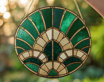 Atrapasueños de vitral Art Déco Esmeralda: Diseño geométrico redondo, decoración del hogar, regalo para colgar en la ventana
