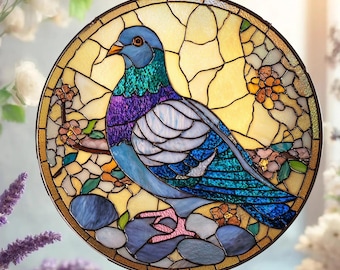 Mosaic Pigeon Bird Art Round Stained Glass Suncatcher, Urban Bird Gift for Housewarming or Christmas