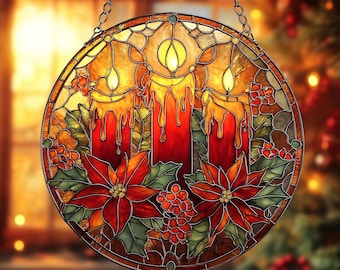 クリスマスキャンドル＆ヒイラギの窓用クリングガラス風サン