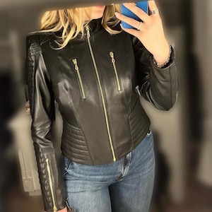 Blouson en cuir pour femme, Blouson motard noir, Blouson moto en cuir véritable, Vêtements d'extérieur élégants, Cadeau pour elle, Cadeau d'anniversaire ou de Noël