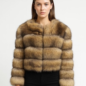 Cropped Fox Fur Jacket: Brown & Beige Winter Coat