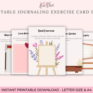 May include: Printable journaling exercise card deck with five cards. The cards feature prompts such as "Magic Match", "Love Note", "Easel Exercise", "Flower Garden", and "Lights".