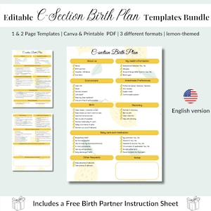 Keizersnede geboorteplan, template voor zachte keizersnede voorkeuren, Aanpasbaar voor aanstaande moeders, Bevalling en geboorteplanner